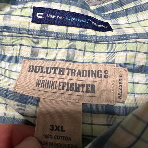 Duluth Trading WrinkleFighter Shirt Mens 3XL Plaid Relaxed Fit Poplin Green - Picture 5 of 7